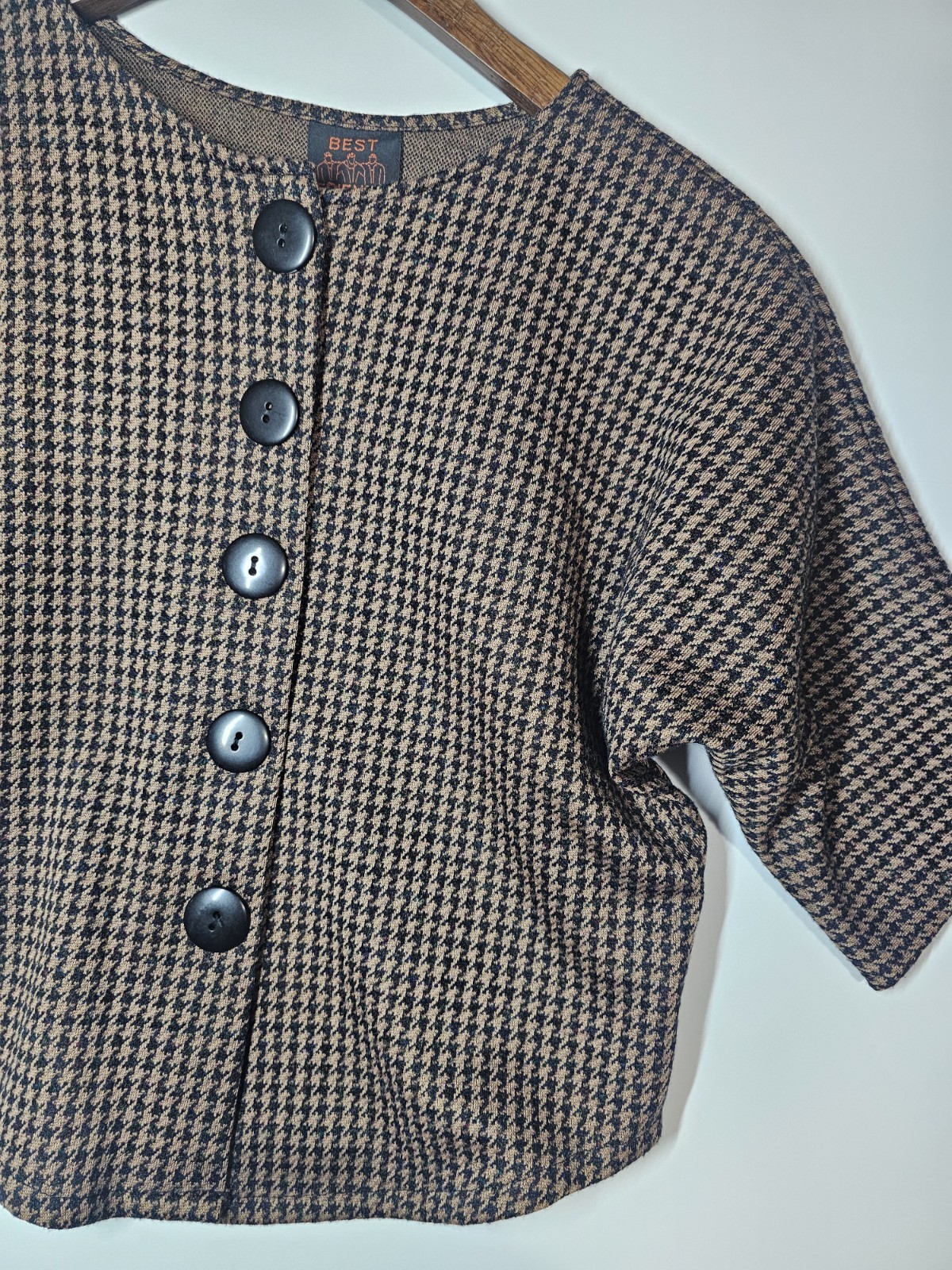 VTG 80s 90s FRIENDS Crop Houndstooth Jacket Knit Top Made in USA Small