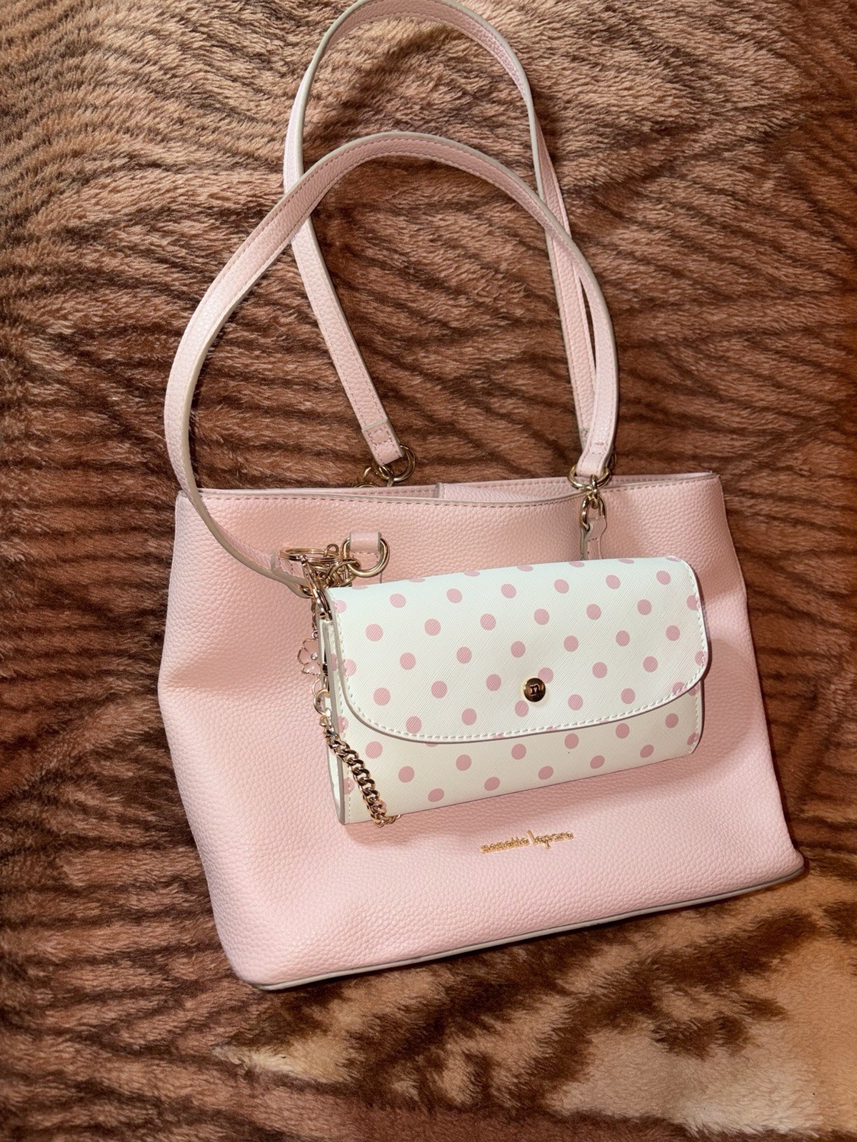 Nanette Lepore Womens Pink White Double Handle Shoulder Tote Handbag W/ Wallet