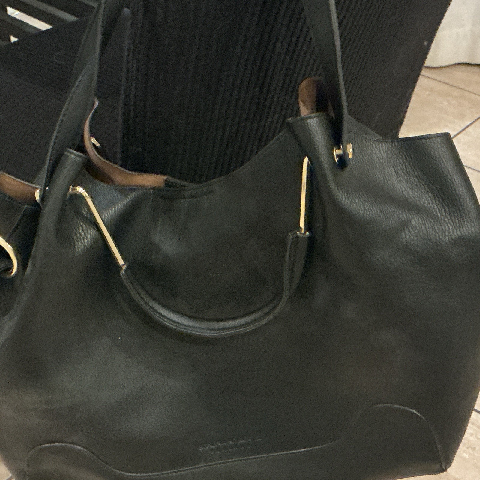 Sondra Roberts Squared Black Pebbled Satchel Gold Zip w/ Strap