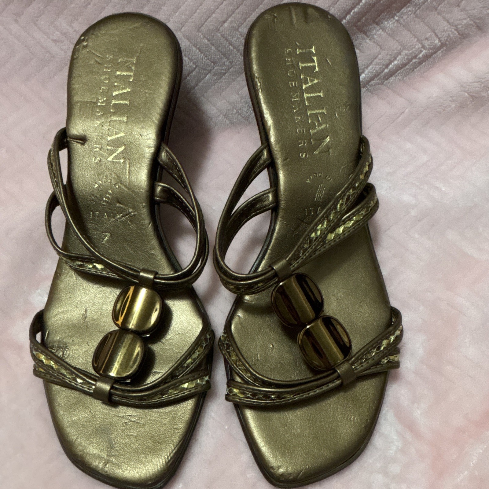 Italian Shoemakers Women’s bronze Strappy Beaded Wedge Slip-On Sandals 7