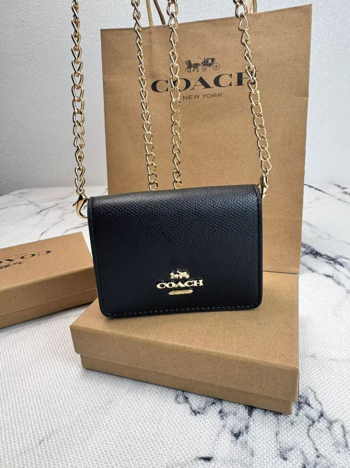 NWT NEW Coach Mini Leather Wallet On a Chain Black C0059 with the box