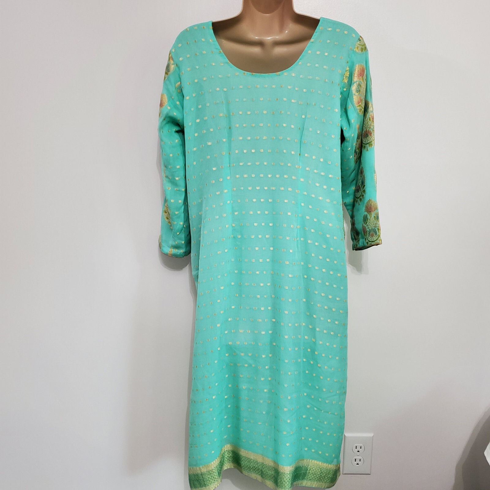 Handmade Kurta Tunic Style Mint Green Ethnic Boho Art LagenlookGold Trim