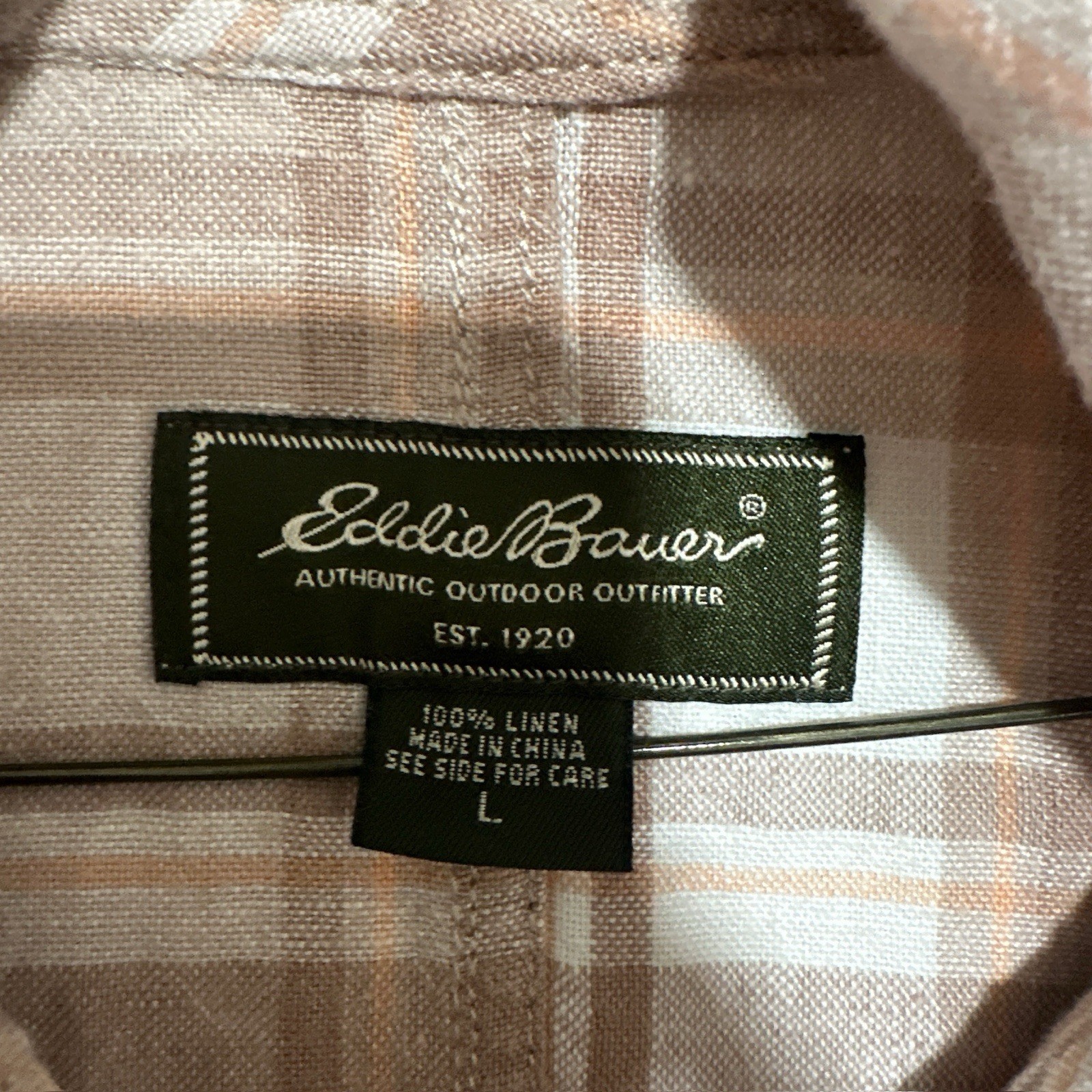 Eddie Bauer Women’s Plaid Hooded 100% Linen Full Zip Jacket Beige/White Large