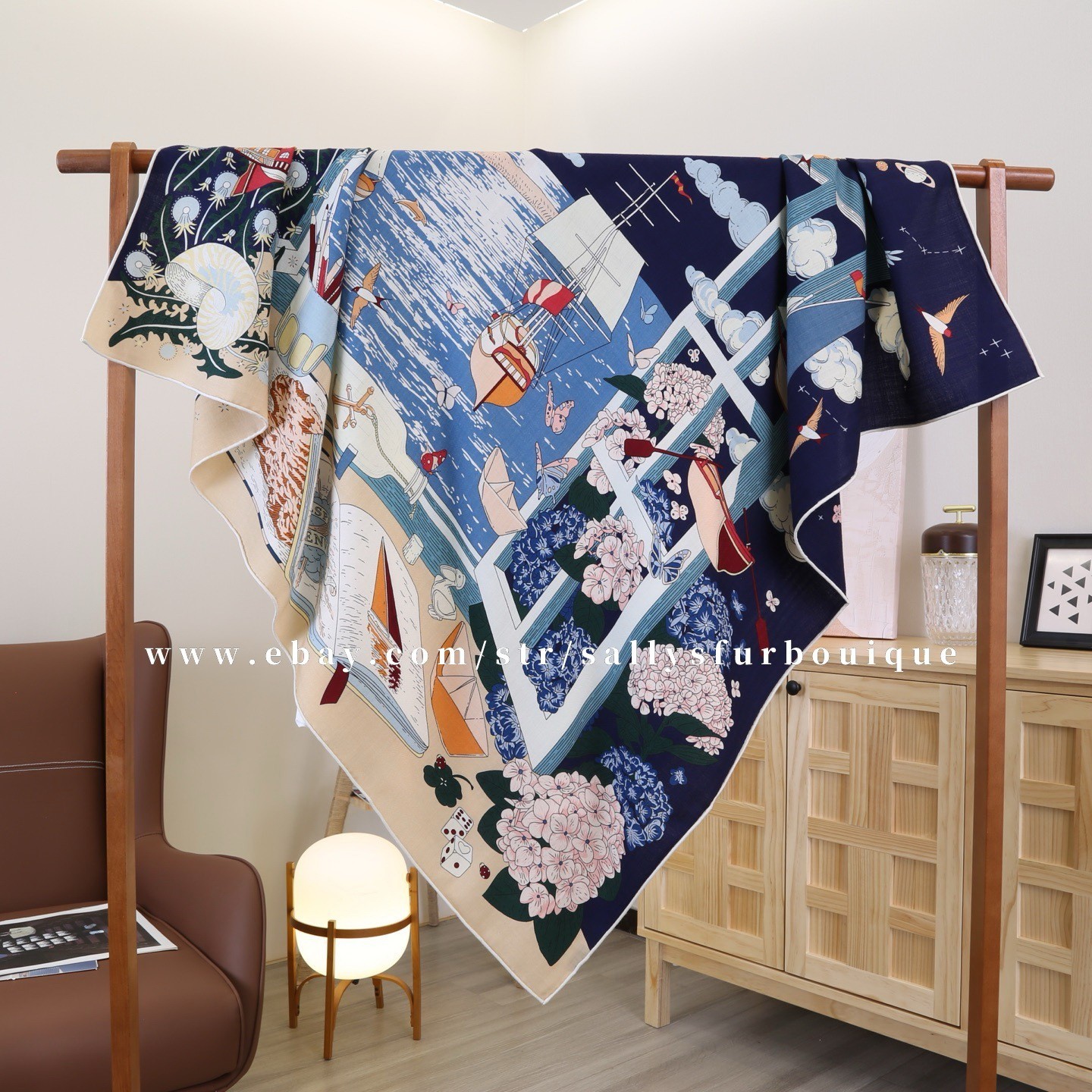 Sallys 70% Cashmere & 30% Silk Wrap Scarf Boat Print Double Face Shawl 53″ Navy
