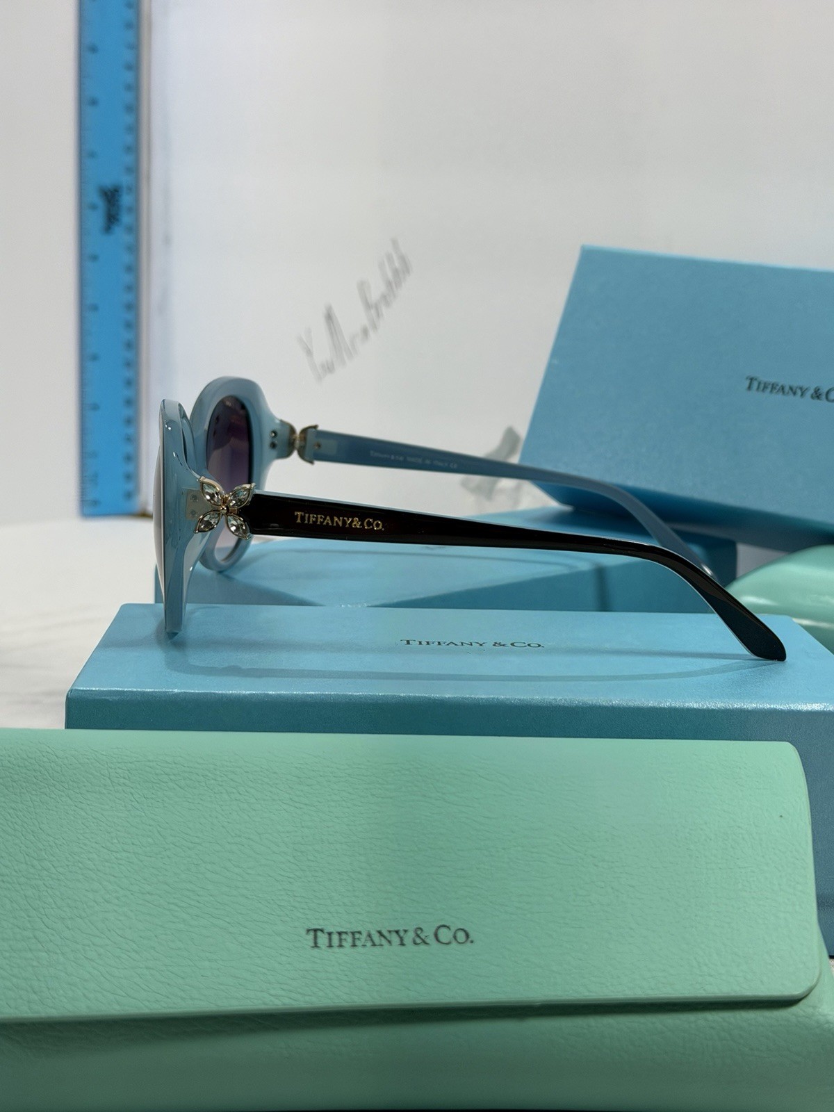 Tiffany & Co – Black and Blue gradient Sunglasses W/Flower TF4048 rare color ￼