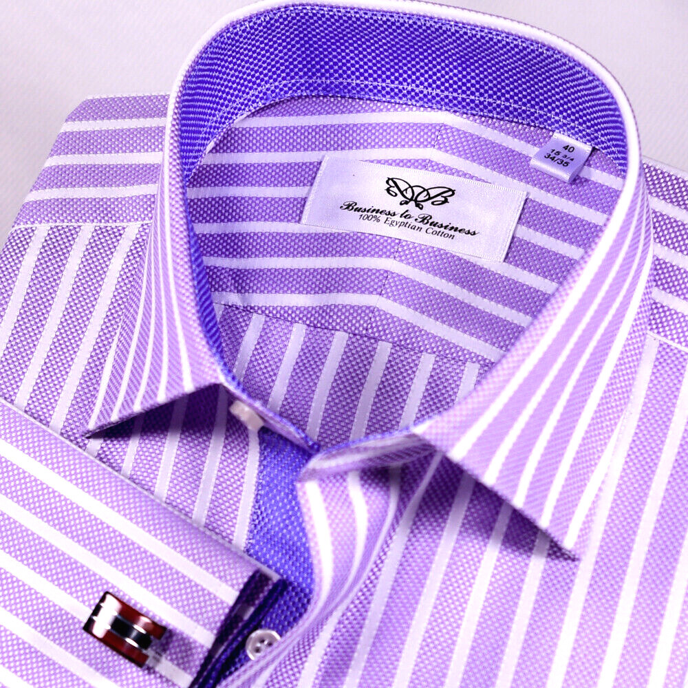 Purple White Stripes Elegant Double Ply Wevon Business Shirts With Inner Lining