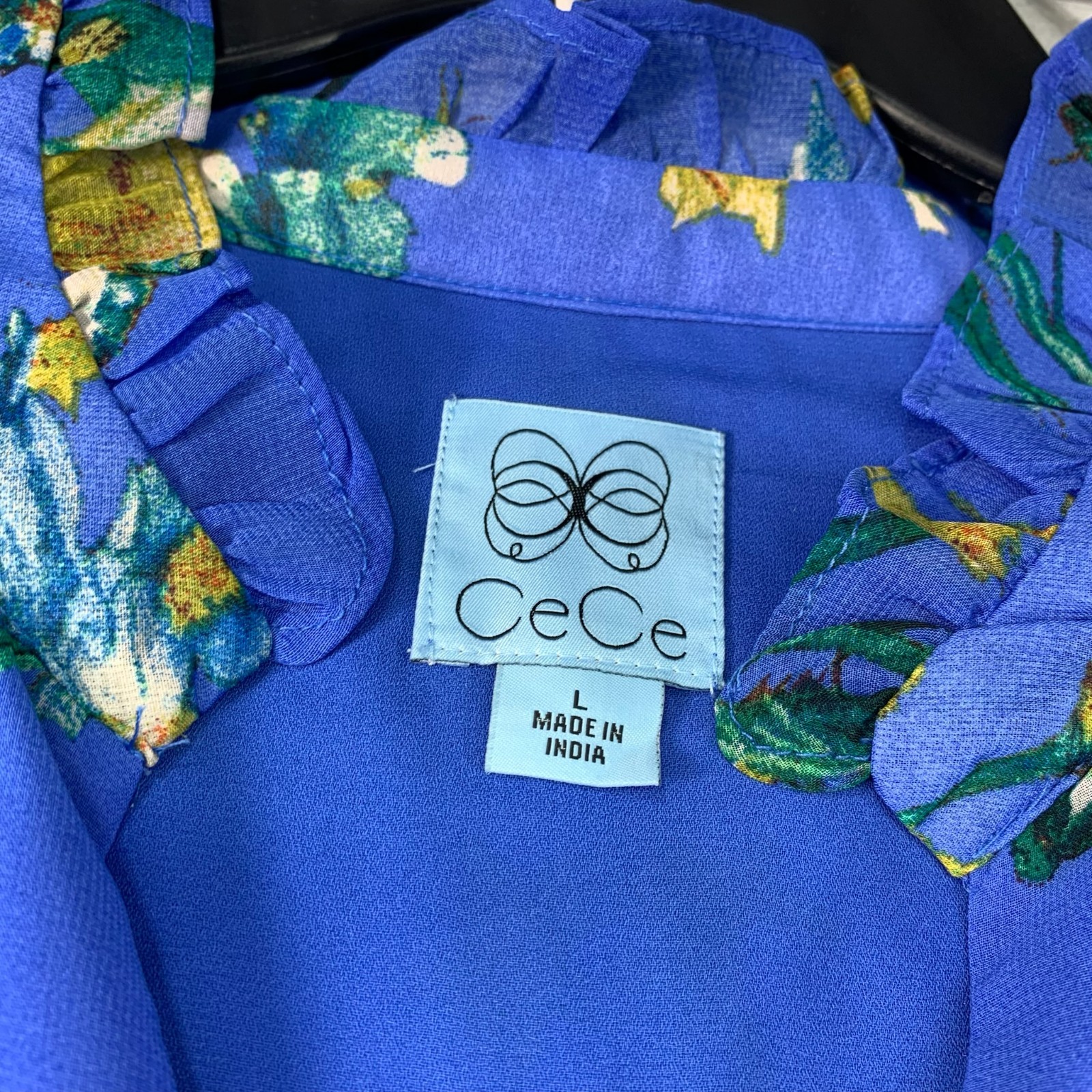 CeCe Dress Womens Size Large Blue Floral Ruffled Puff Sleeve Vneck New