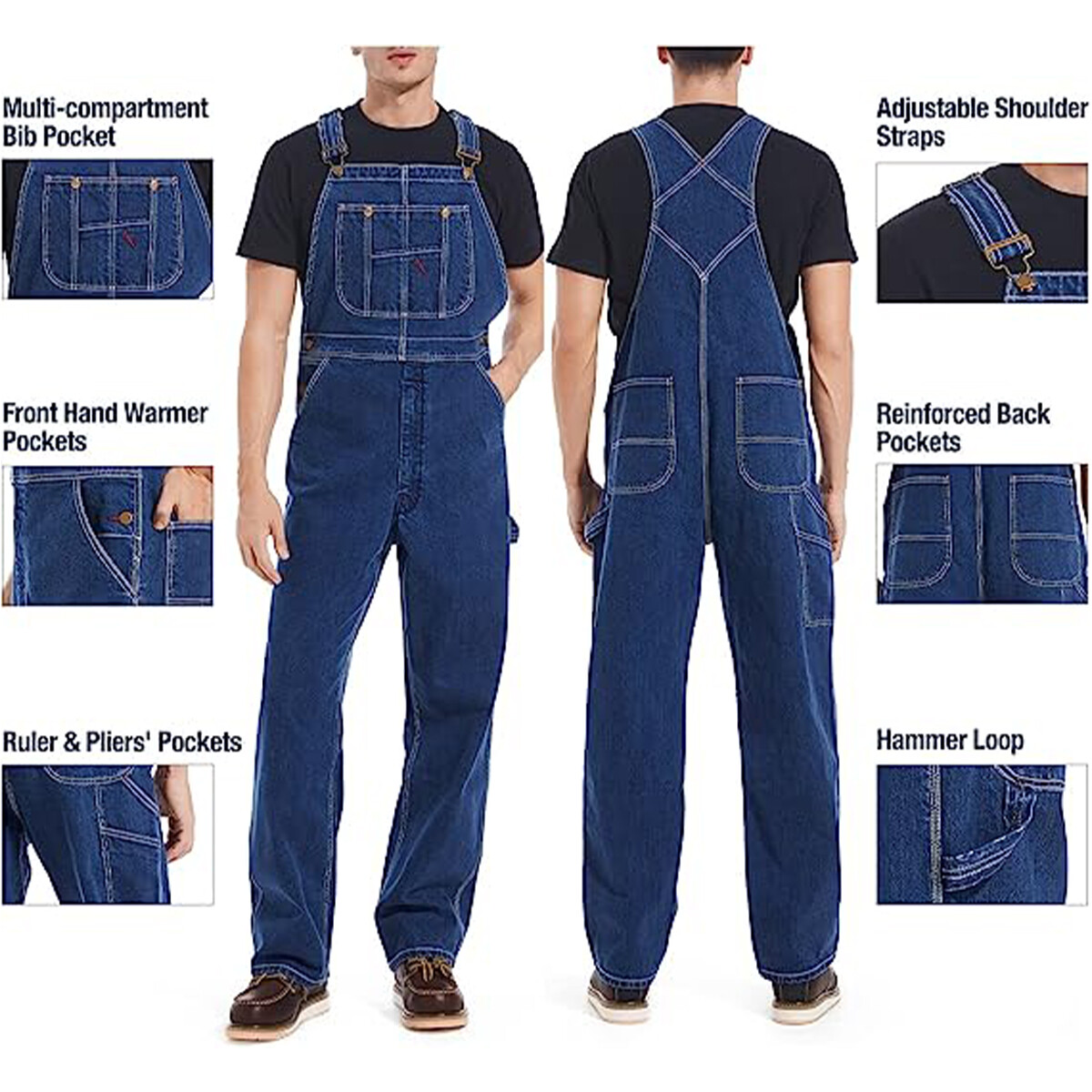 HISEA Men Denim Bib Overalls Relaxed Fit Workwear Roomy Dungarees PocketJumpsuit