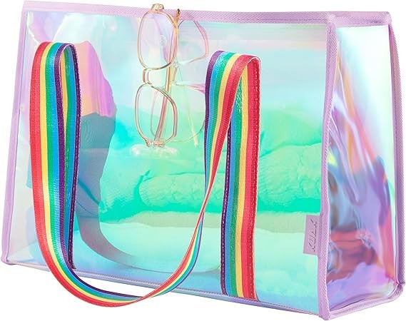 Iridescent Clear Beach Tote Bag Large Waterproof Zipper Pocket Swim Pool Women