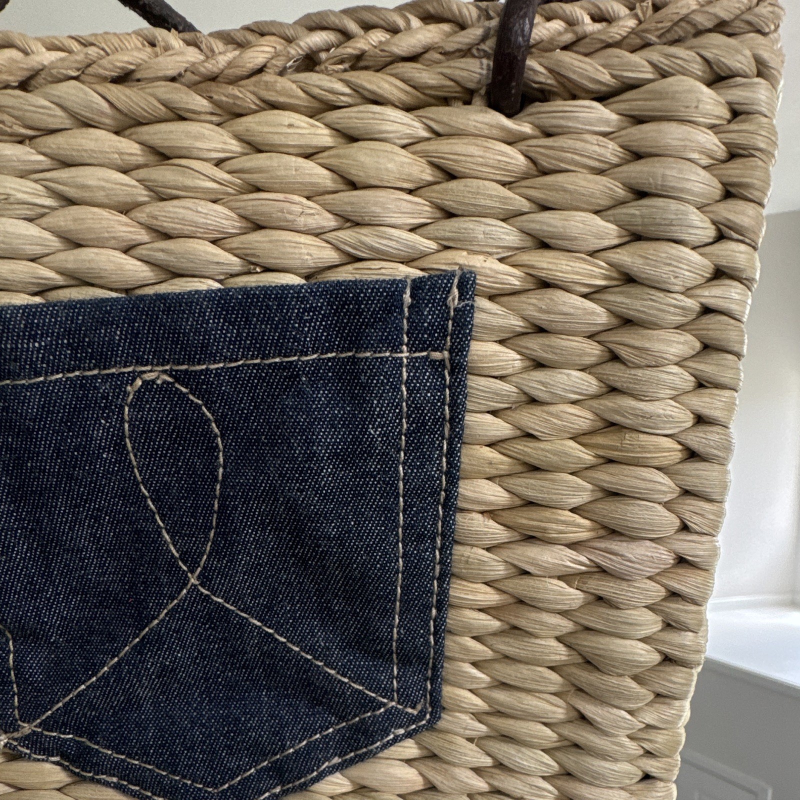 Woven Straw Tote Bag w/ Denim Pocket, Zip Closure, Inner Pockets, Women