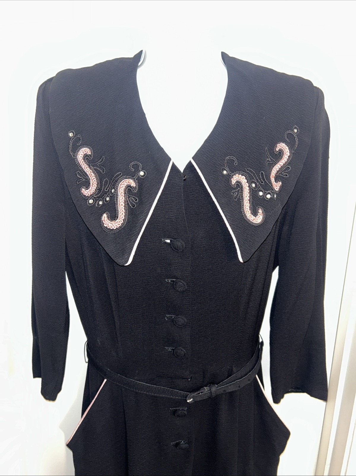 Vintage 50s 60s Belted Dress Black w/ Pink Piping Rhinestones Retro Rockabilly