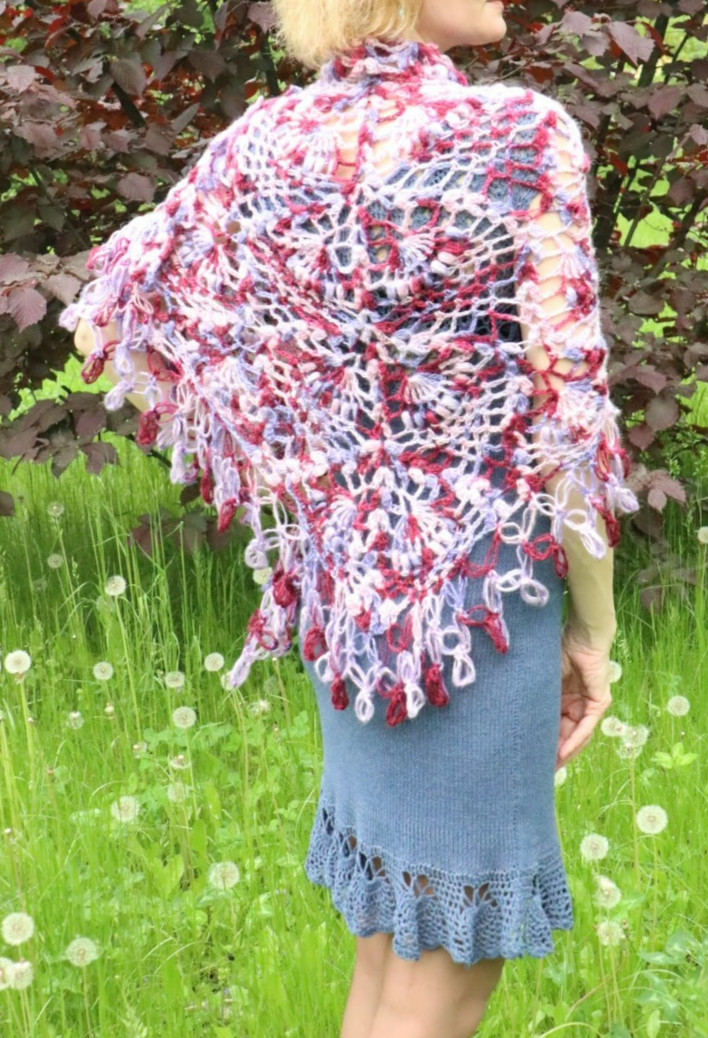 Angora Crochet Triangle Shawl – Handmade Lace Wrap Scarf Boho Capelet