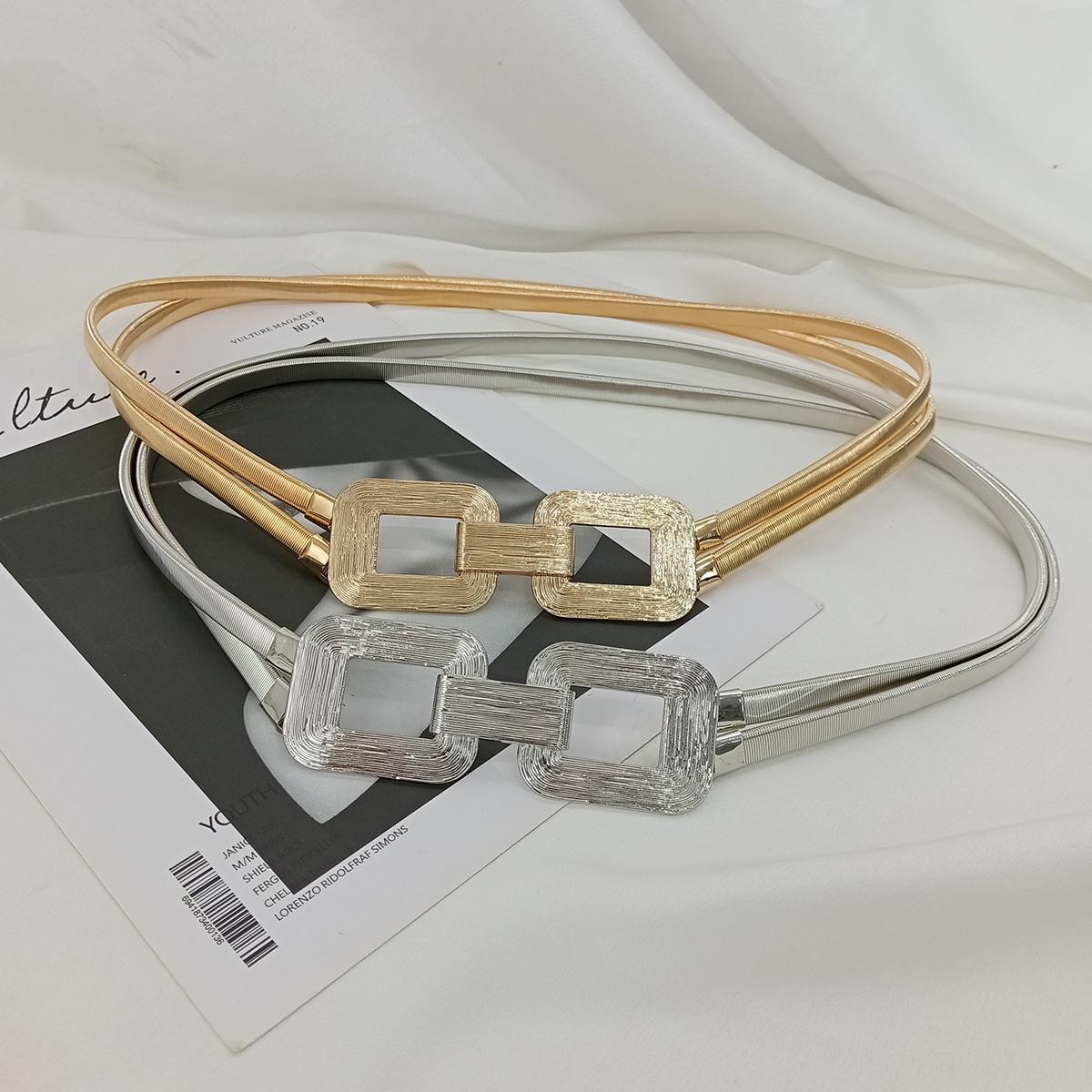 Designer Style Women Elastic Gold Chain Waist Belt Stretch Metal Dress Elegant