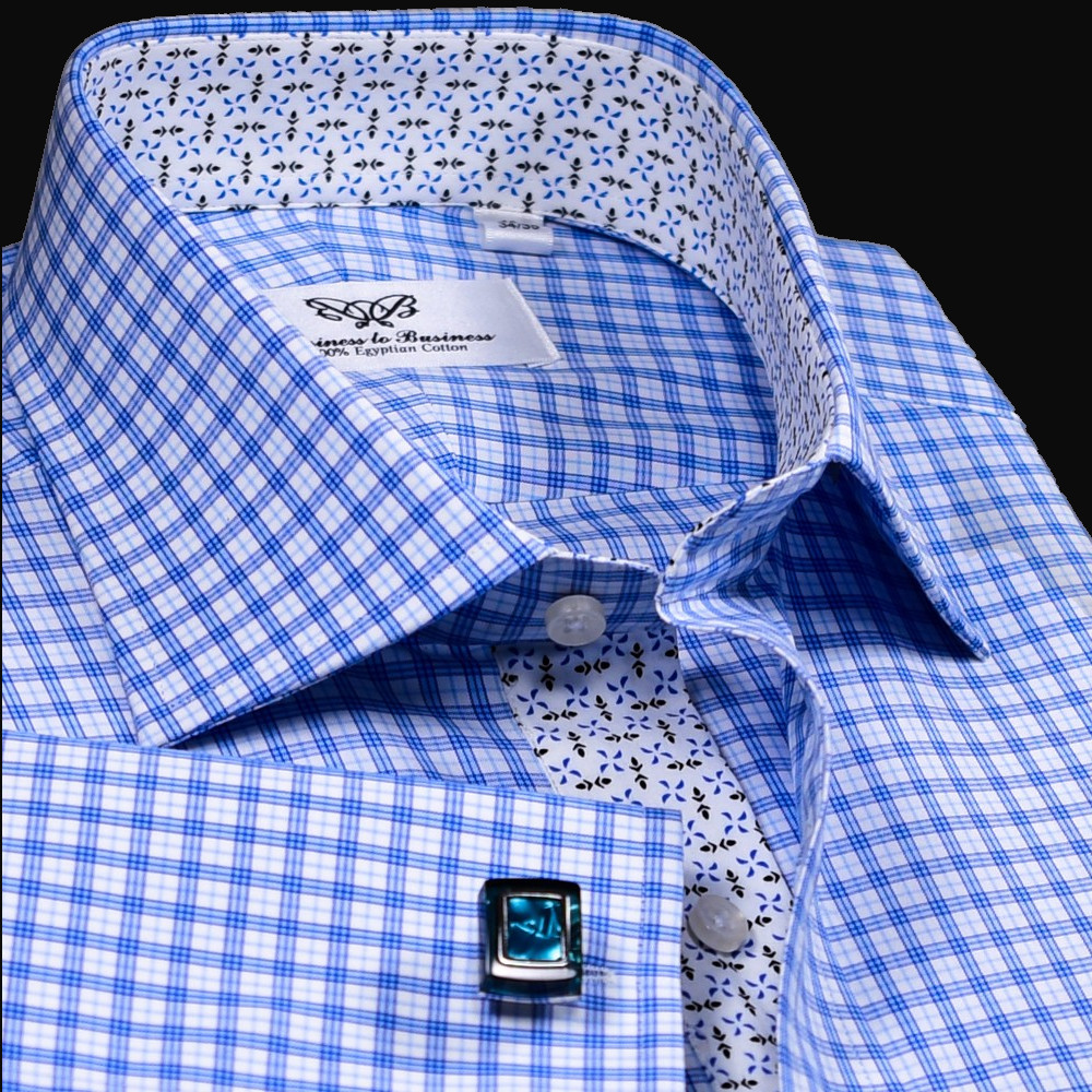 Light Blue Checkered Formal Business Shirt With Floral Inner Lining Top Quality