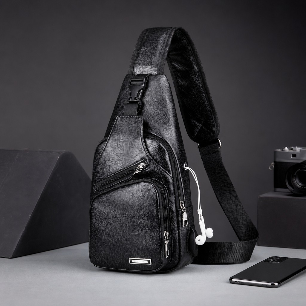 Black Chest Crossbody Bag Sling Backpack for Men with USB Charge Port