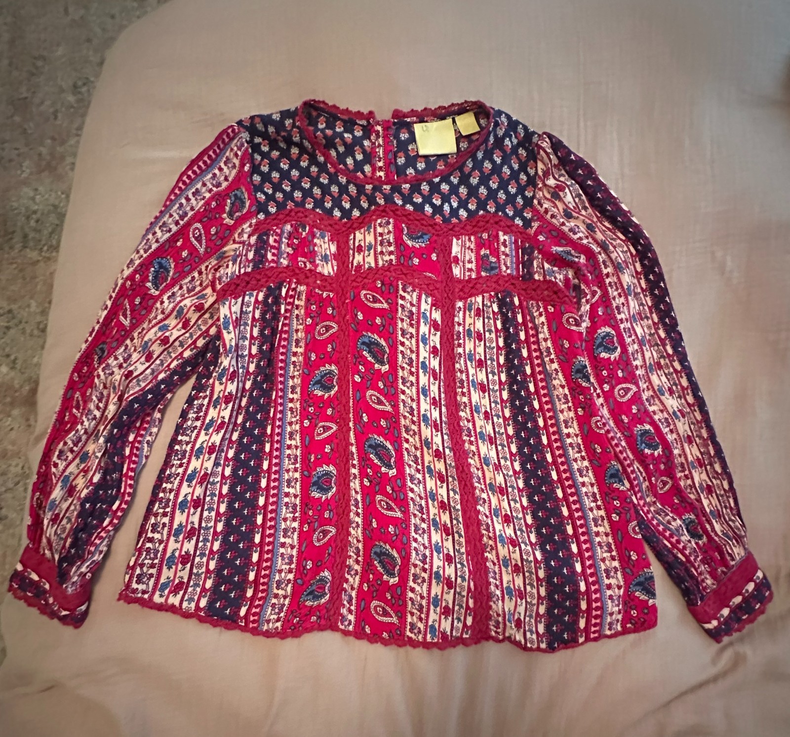 Maeve Anthropologie Floral Paisley Lace Boho Button Back Peasant Top Cottagecore