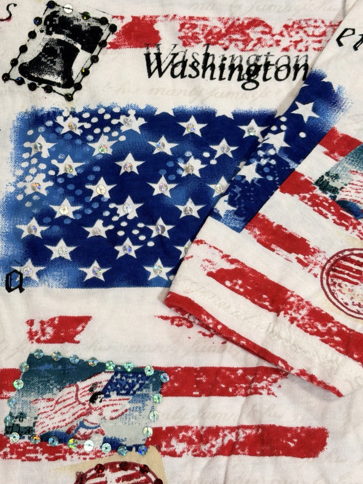 Collections Etc American Flag Knit T-Shirt White Red Blue Rhinestone Raglan – M