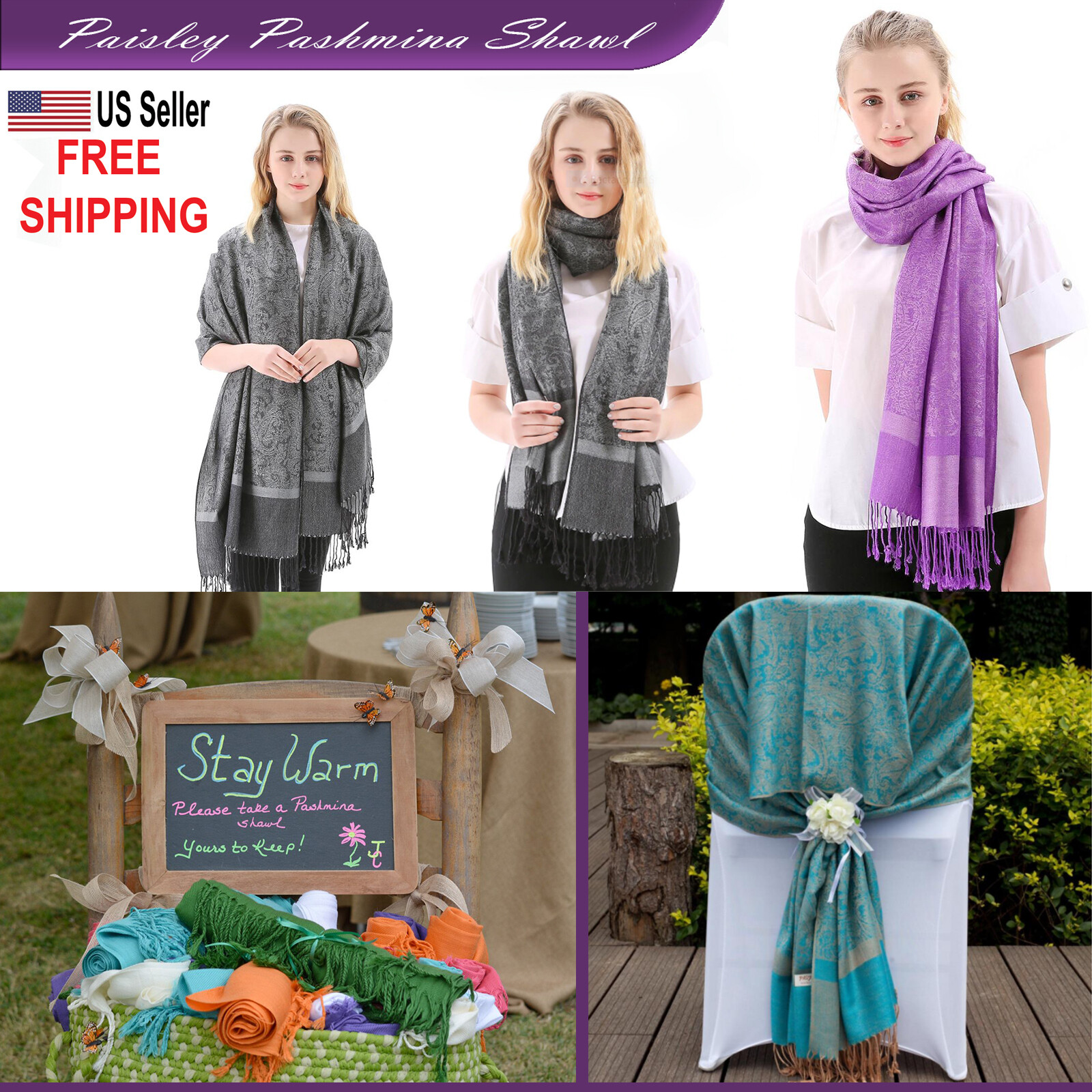 US SELLER- Pashmina Paisley Silky Scarf Shawl Wrap- lots Colors