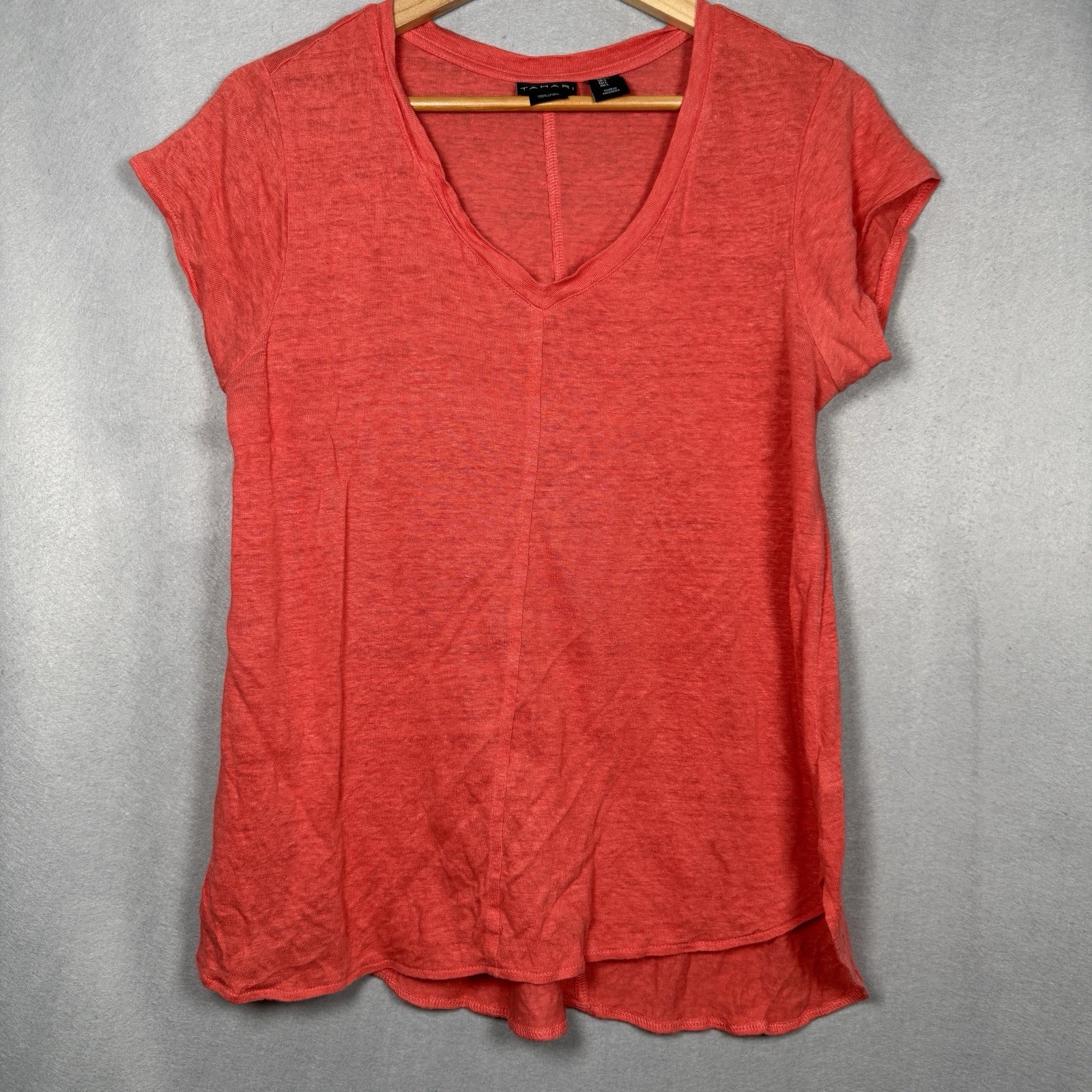 Tahari 100% Linen T-Shirt Coastal Beach Orange Short Sleeve Semi-Sheer Sz L