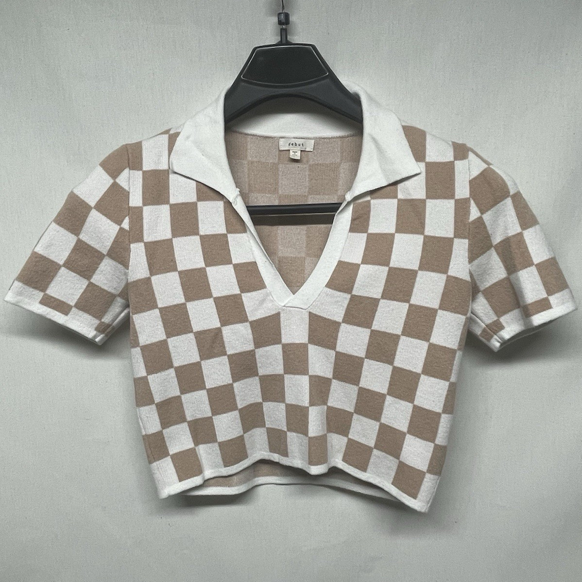 debut Women’s Beige/White Check Knit Collared Short Sleeve Pullover Sweater L