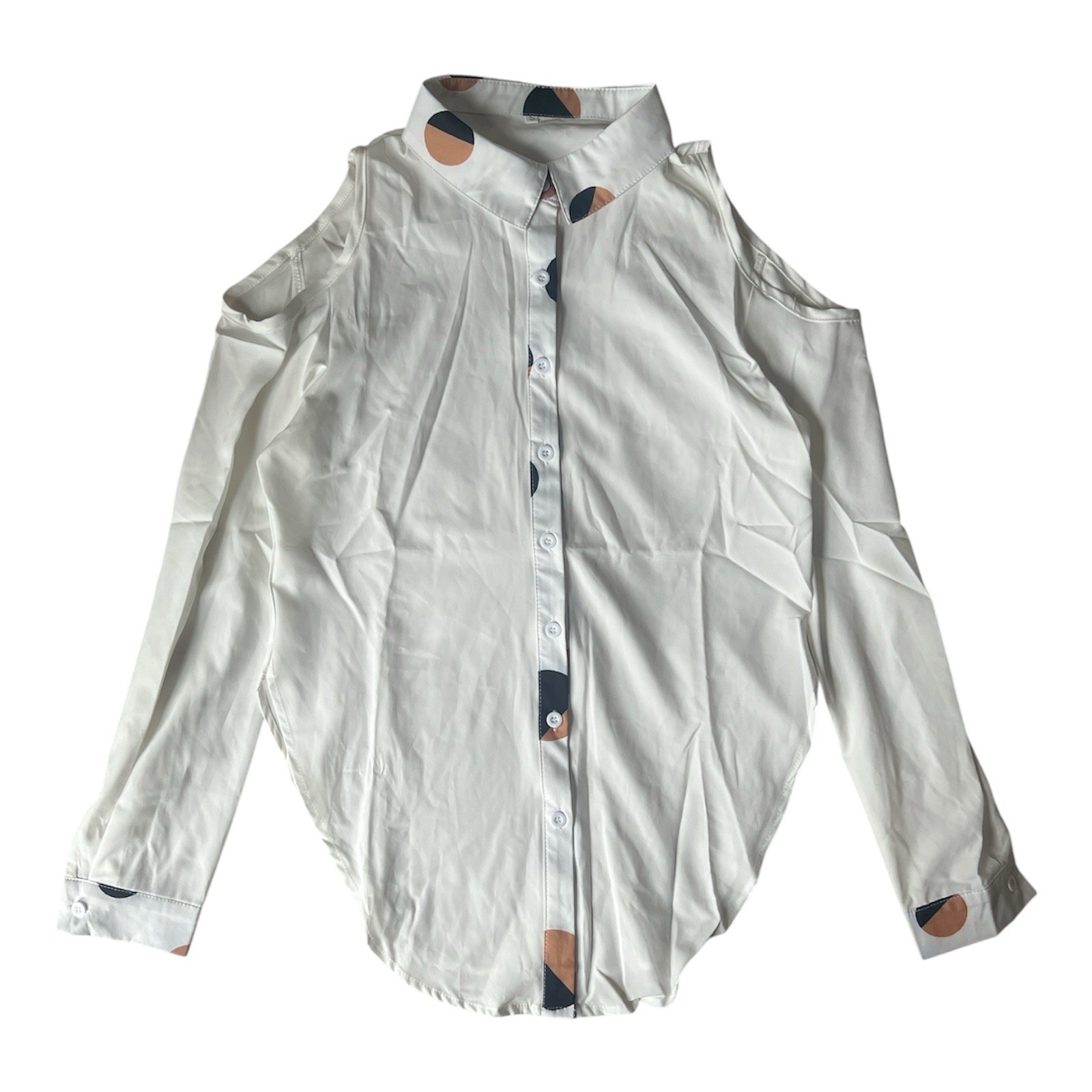 NWOT White Cold Shoulder Blouse Geometric Placket Button Down Shirt Women Size S