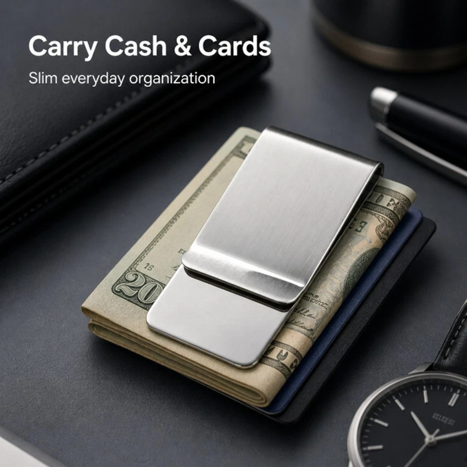2 Pack Stainless Steel Money Clip Slim Silver Cash Holder Pocket Bill Clip