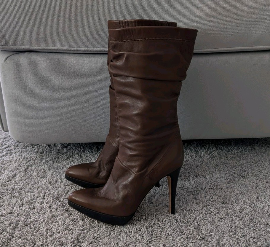 Brian Atwood Brown Leather Slouch Mid-Calf Pull-On Almond Toe Boots