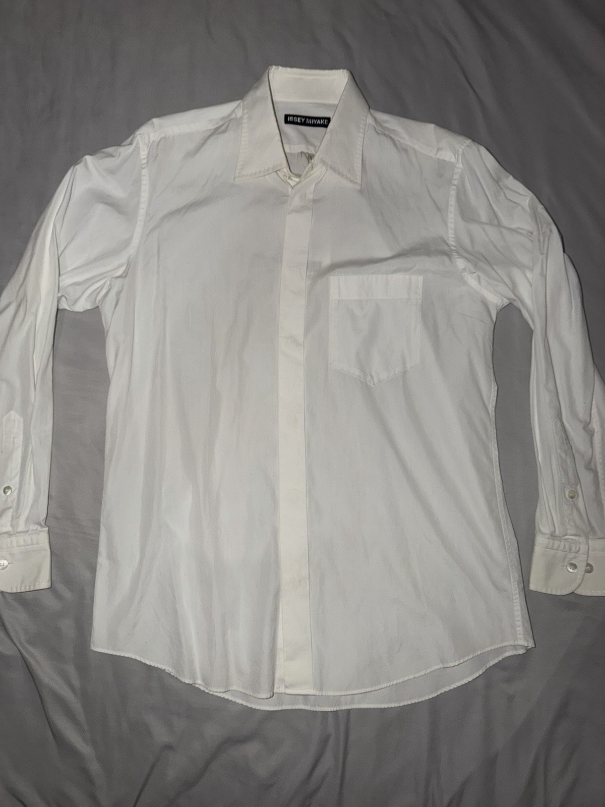 Issey Miyake White Cotton Solid Long Sleeve Point Collar Pocket Shirt Sz 3