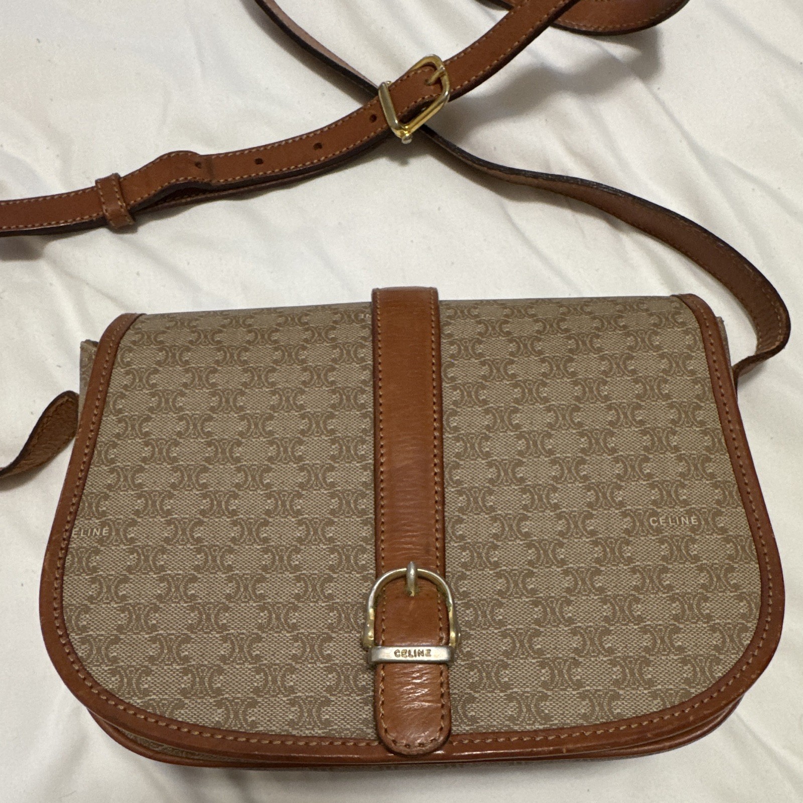 CELINE Triomphe Crossbody Bag Beige/Brown, Magnetic Buckle, Gold Hardware