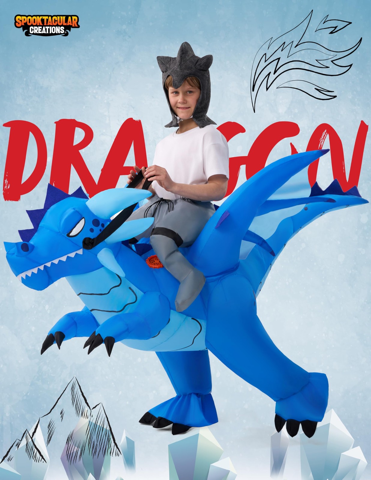 Inflatable Costume for Kids, Ride on Ice Dragon Inflatable with Hat, Cool Rid