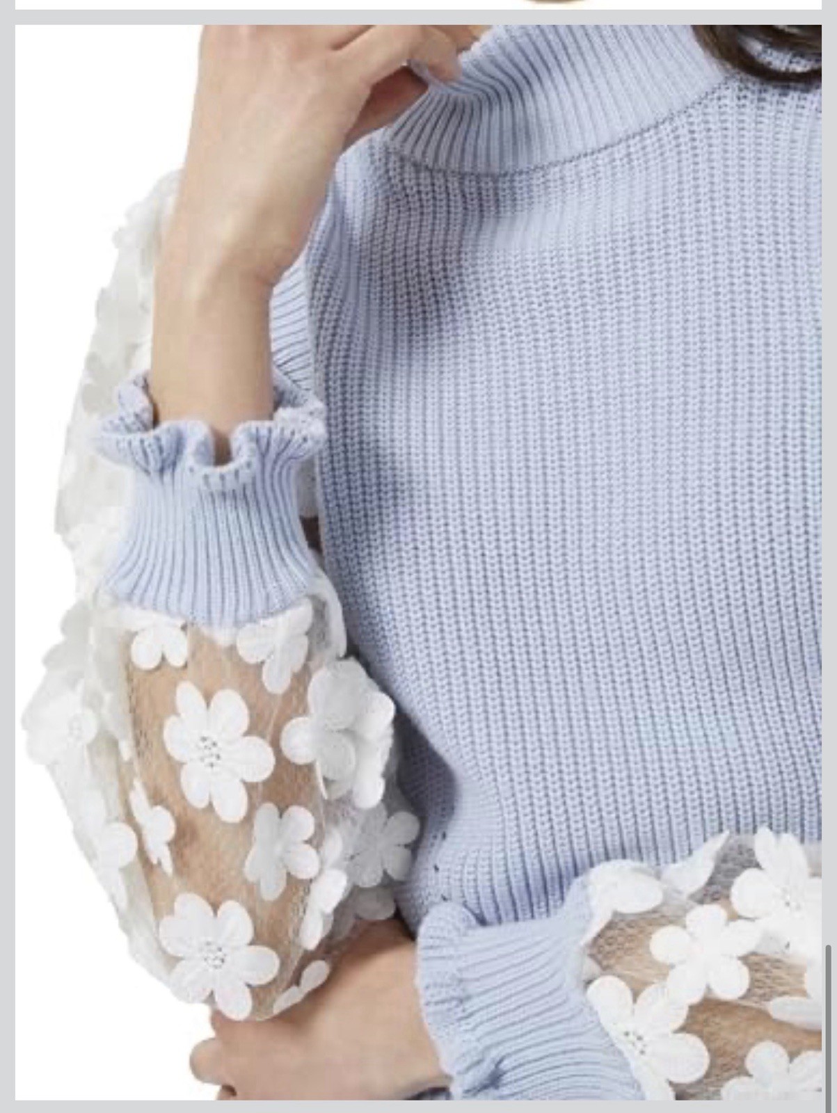 French Connection M Blue White Mock Neck Sheer Floral Knit Pullover
