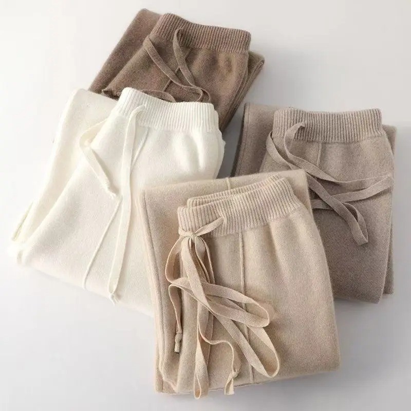 Women Merino Wool Wide Leg Pants Soft Warm Cashmere Knit Trousers Winter Casual