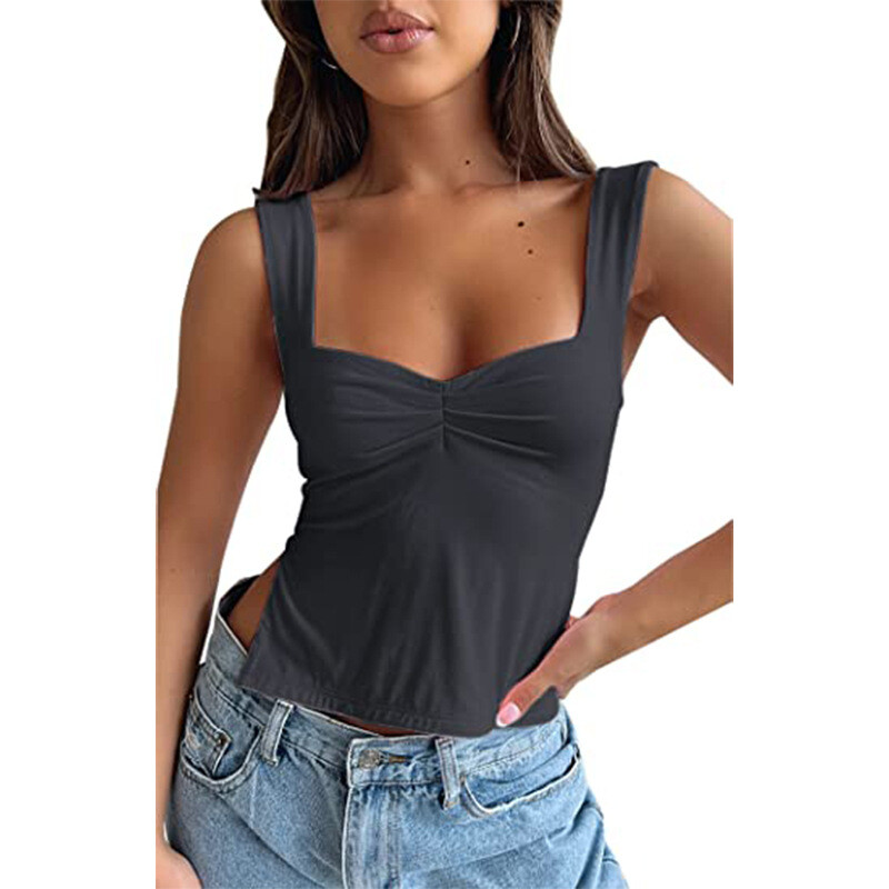Women Sexy Low Cut Pleated Chest Camisole Crop Tank Top Sweetheart Slits Shirt
