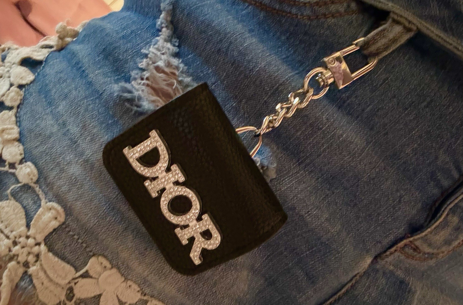 BLUSH BOBOS Women’s Key Chain Bag Charm, Black/Silver Rhinestone Chain Dior