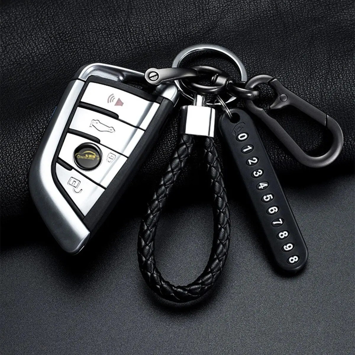 Trendy DIY Anti-Lost Phone Number Plate Keychain Woven Leather Rope Car Key Chai