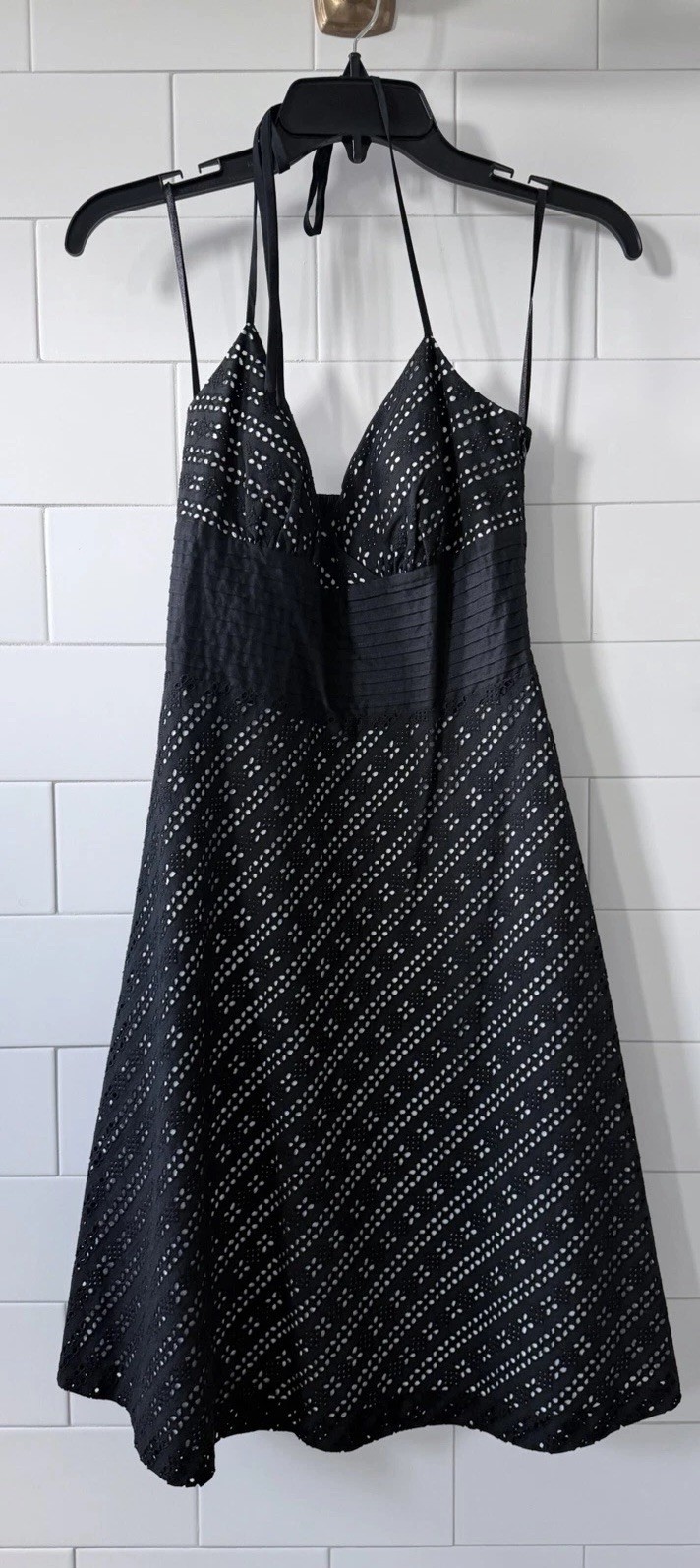 NWT-White House Black Market Black Eyelet A line Halter Dress 0, new, orig $128