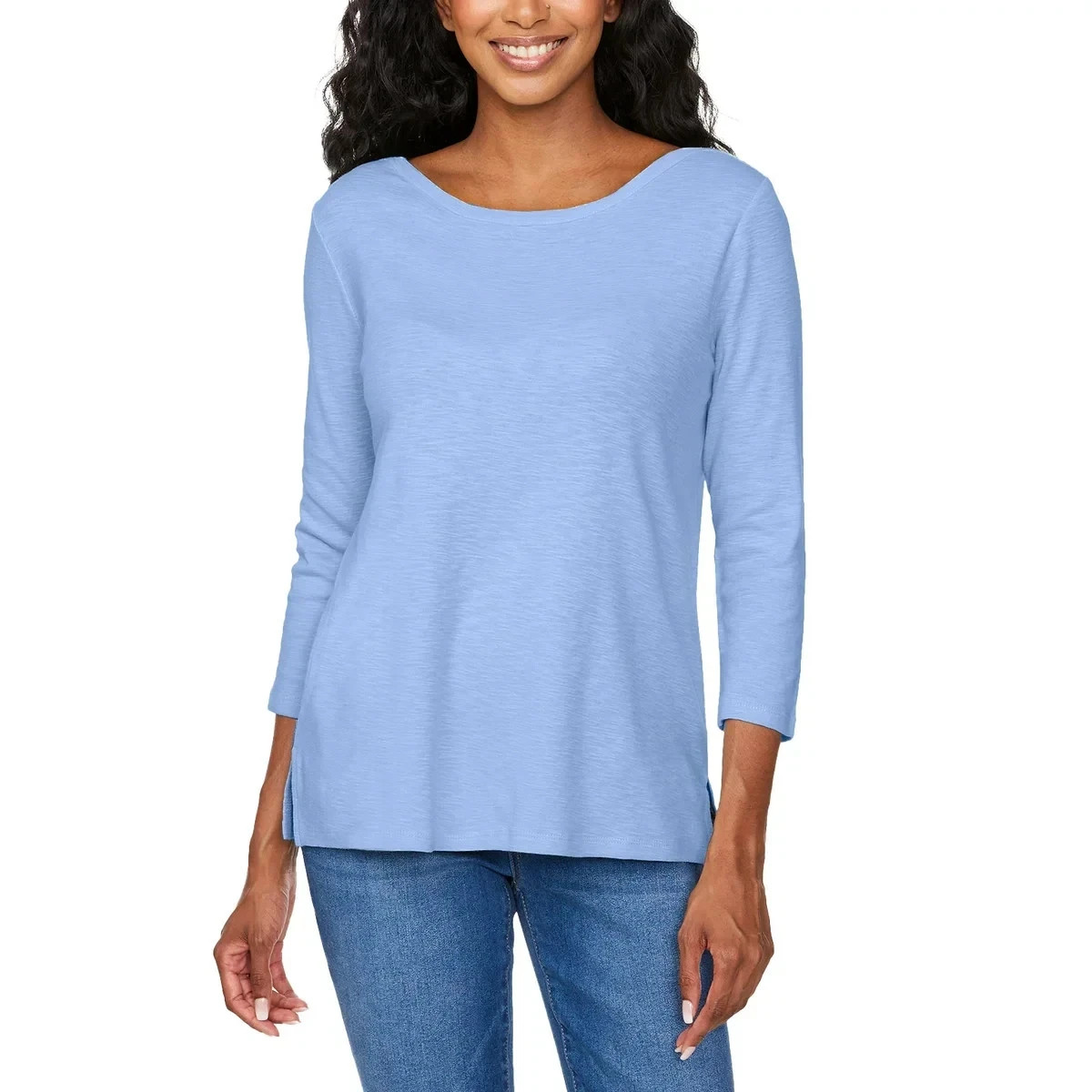 Kirkland Signature Women’s 3/4 Sleeve Boatneck Slub Tee, Blue, Size XL