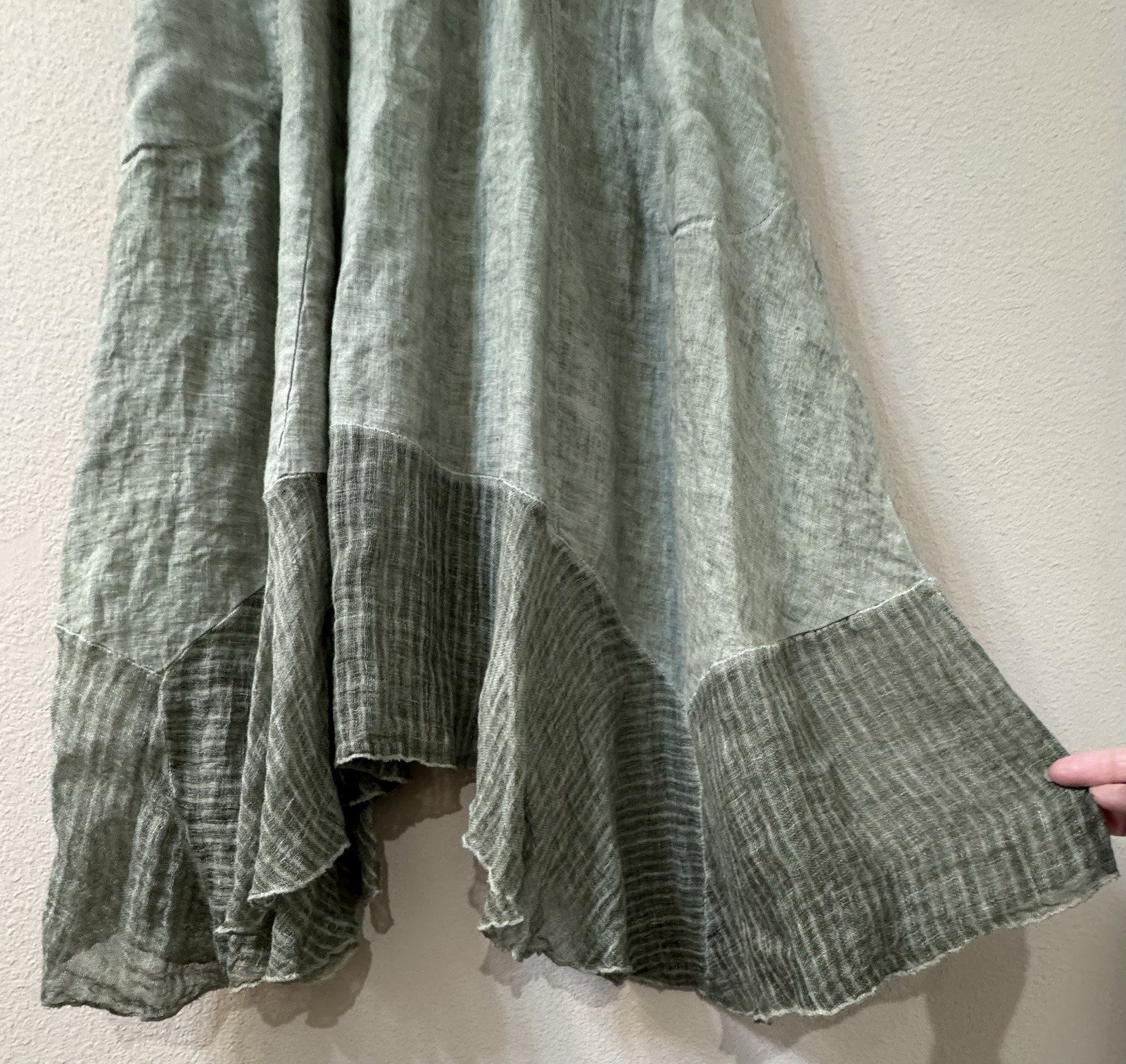 Inizio Women’s M Linen Midi Dress Green 3/4 Sleeve Handkerchief Hem Lagonlook