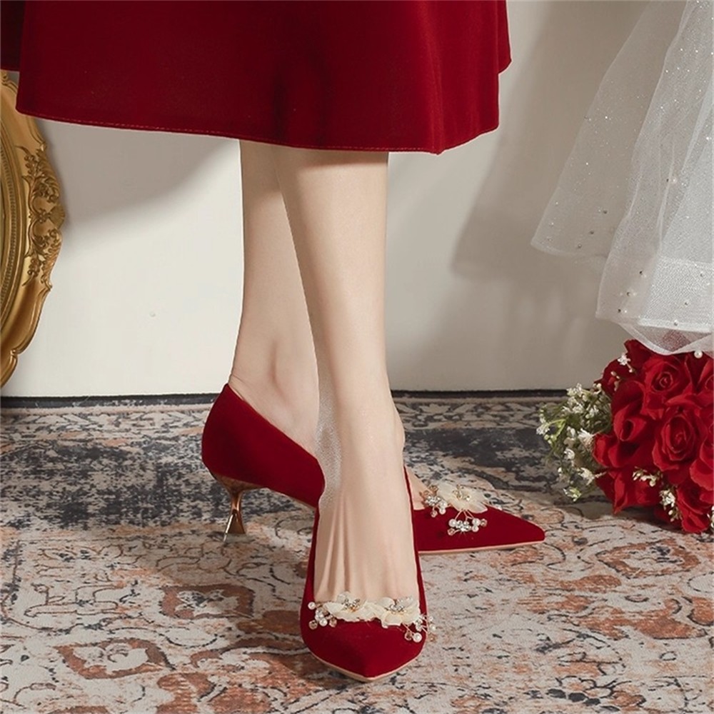 Women’s Flower Pearl Pointed Toe Stiletto Heel Pumps Slip On Wedding Bride Shoes