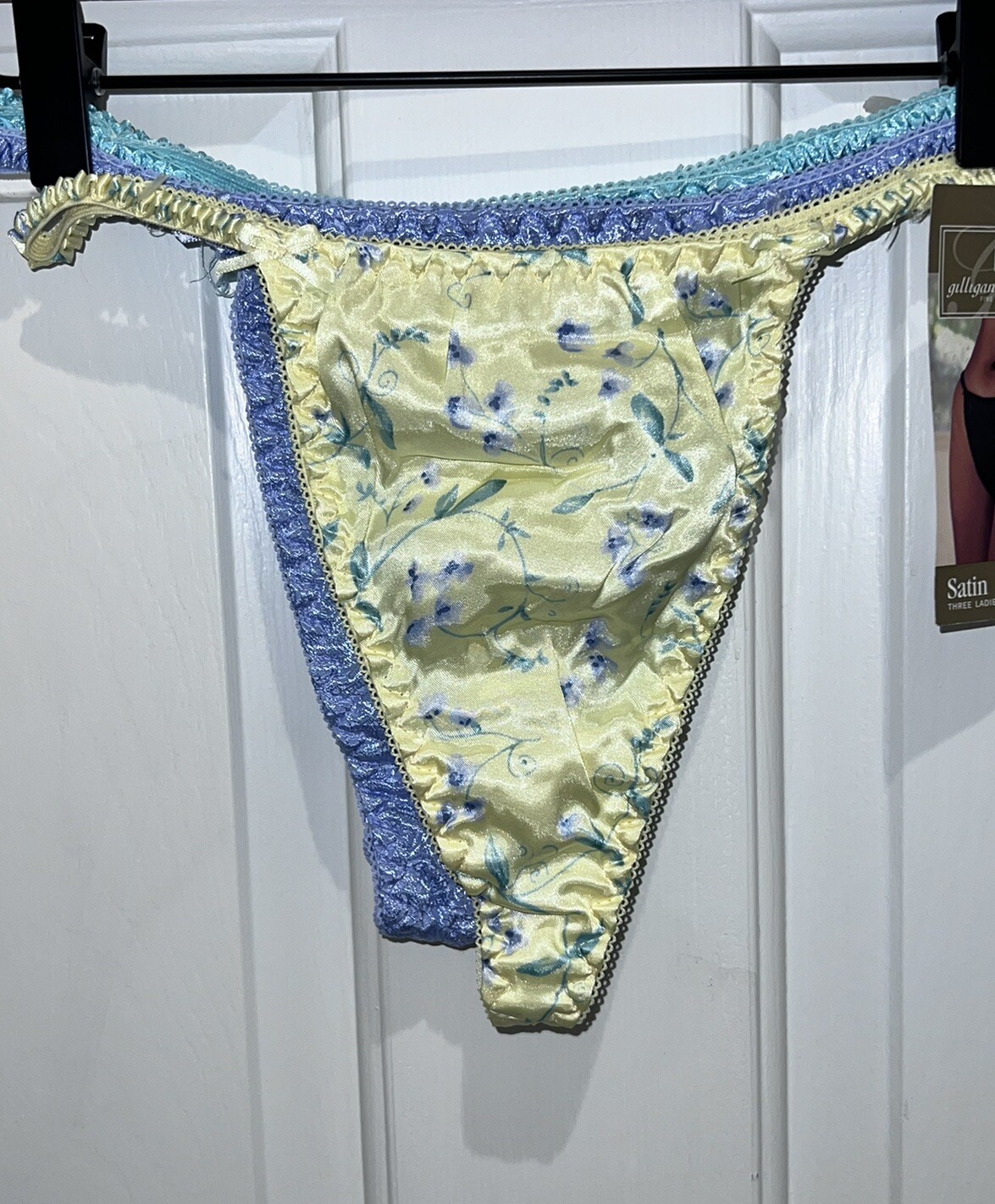 VTG Gilligan & O’Malley Satin Thongs 3 Pack M 6 Yellow Floral Purple Teal Sexy