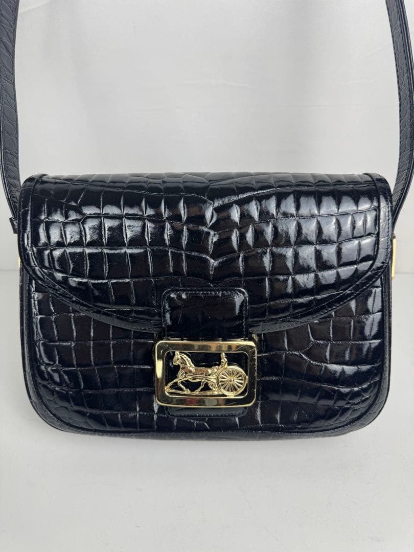 CELINE Carriage Hardware One Shoulder Enamel Leather Bag Black Vintage