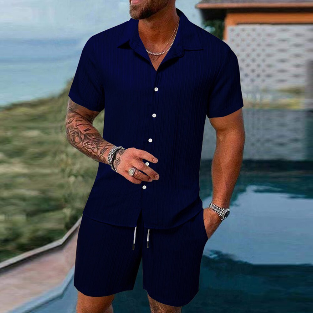2026 Men 2 Set Short Sleeve Button Shirt Shorts Suit Tops+Shorts T Shirts Casual