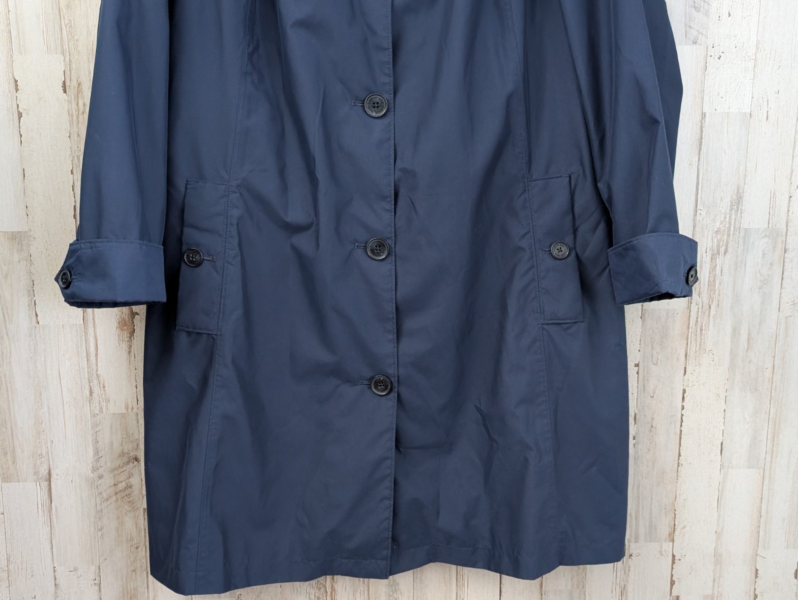 Lands End Long Rain Trench Overcoat Womans L Navy Blue Lined Pockets All Seasons