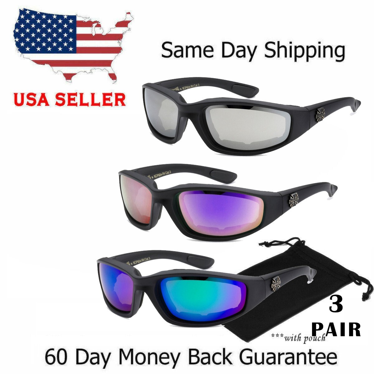 1/3 Pair Motorcycle Sports Biker Riding Glasses Padded Wind Resistant Sunglasses