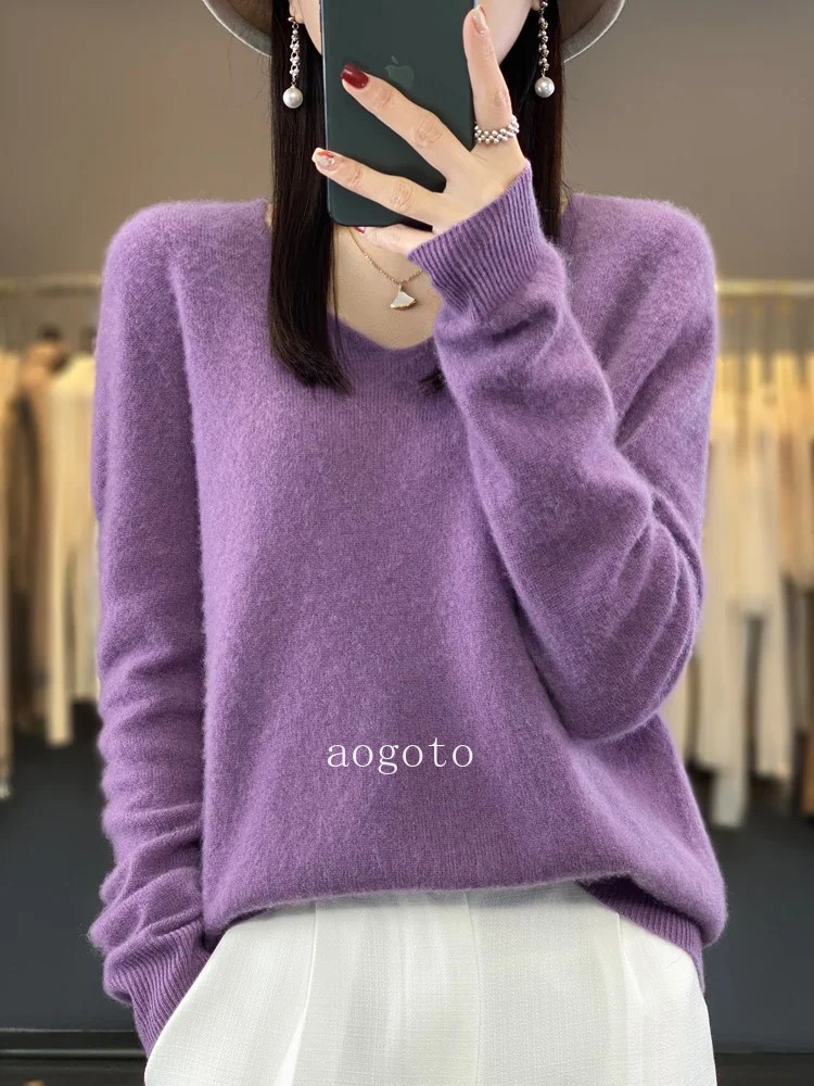 Women’s V-neck Pullover Sweater Knitwear Soft Warm Cashmere Loose Grace Style