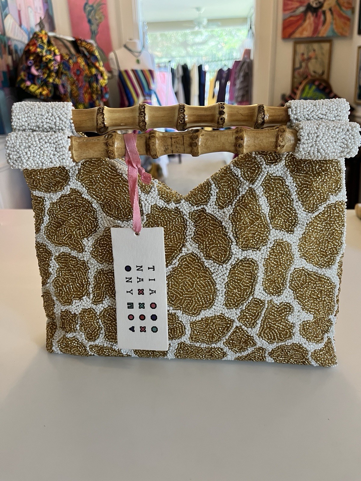 Tania New York Hand Beaded Giraffe Print Bamboo Handle Clutch 10x2x8 NWT