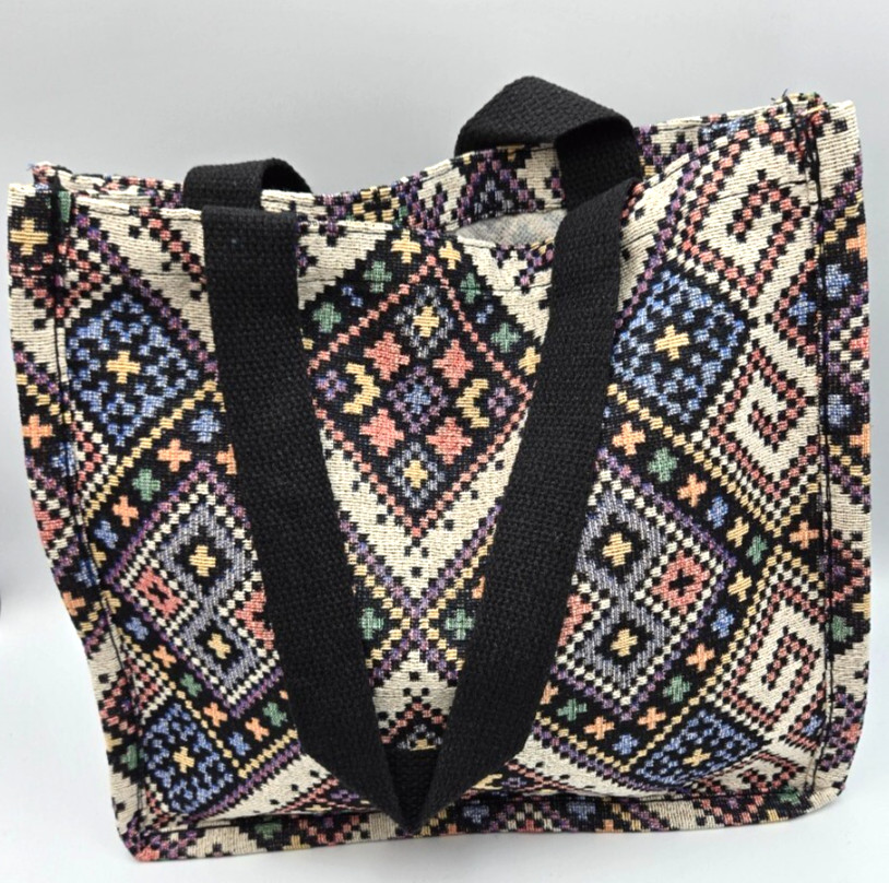 Southwestern Woven Geometric Print Tote Bag, Black Straps, 11.5″HX13″WX4.8″D