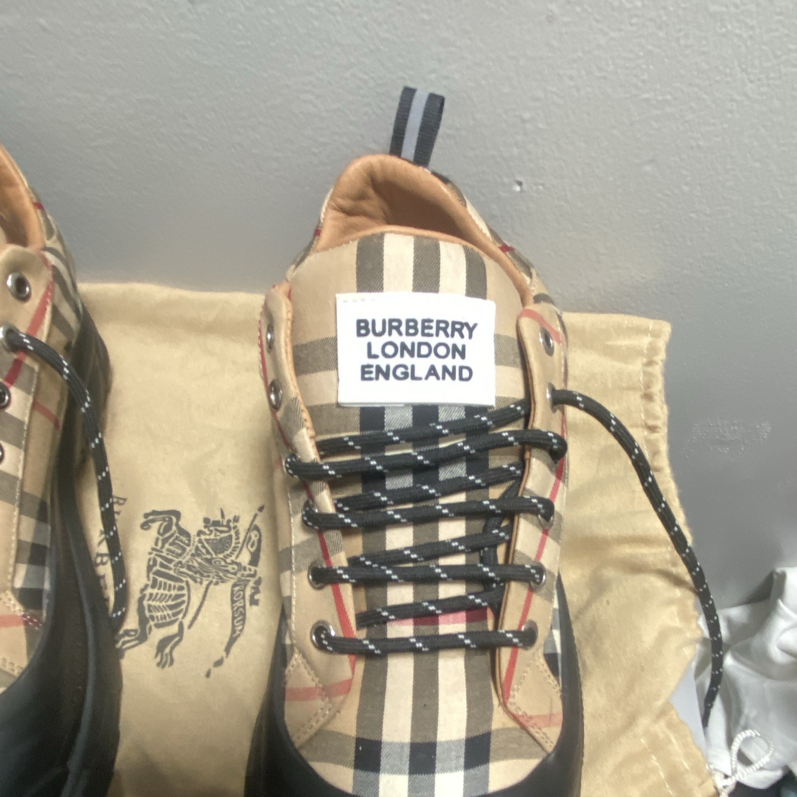 Burberry Men’s Beige/Black Check Suede Lace-Up Sneakers US 10 Round Toe