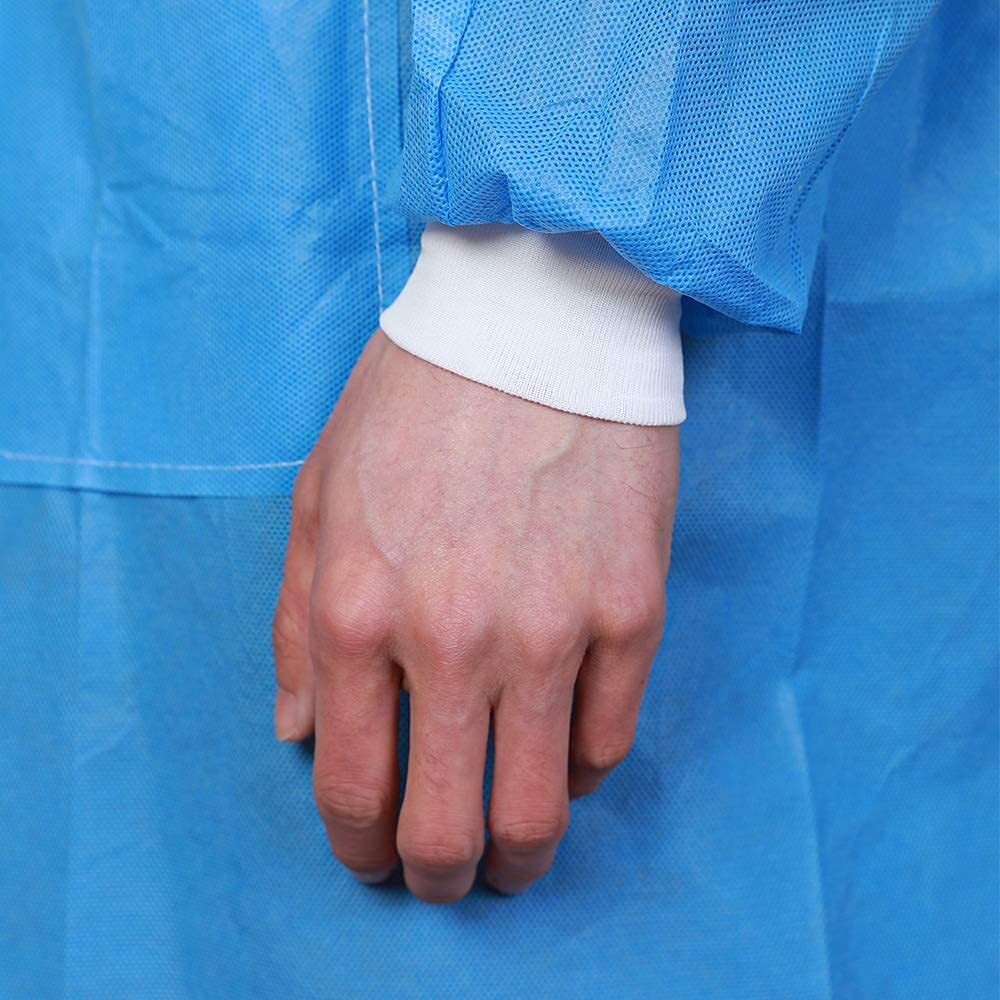 Pack of 10 Disposable Lab Coat Blue SMS with Pockets Adult Knitted Collar Cuffs