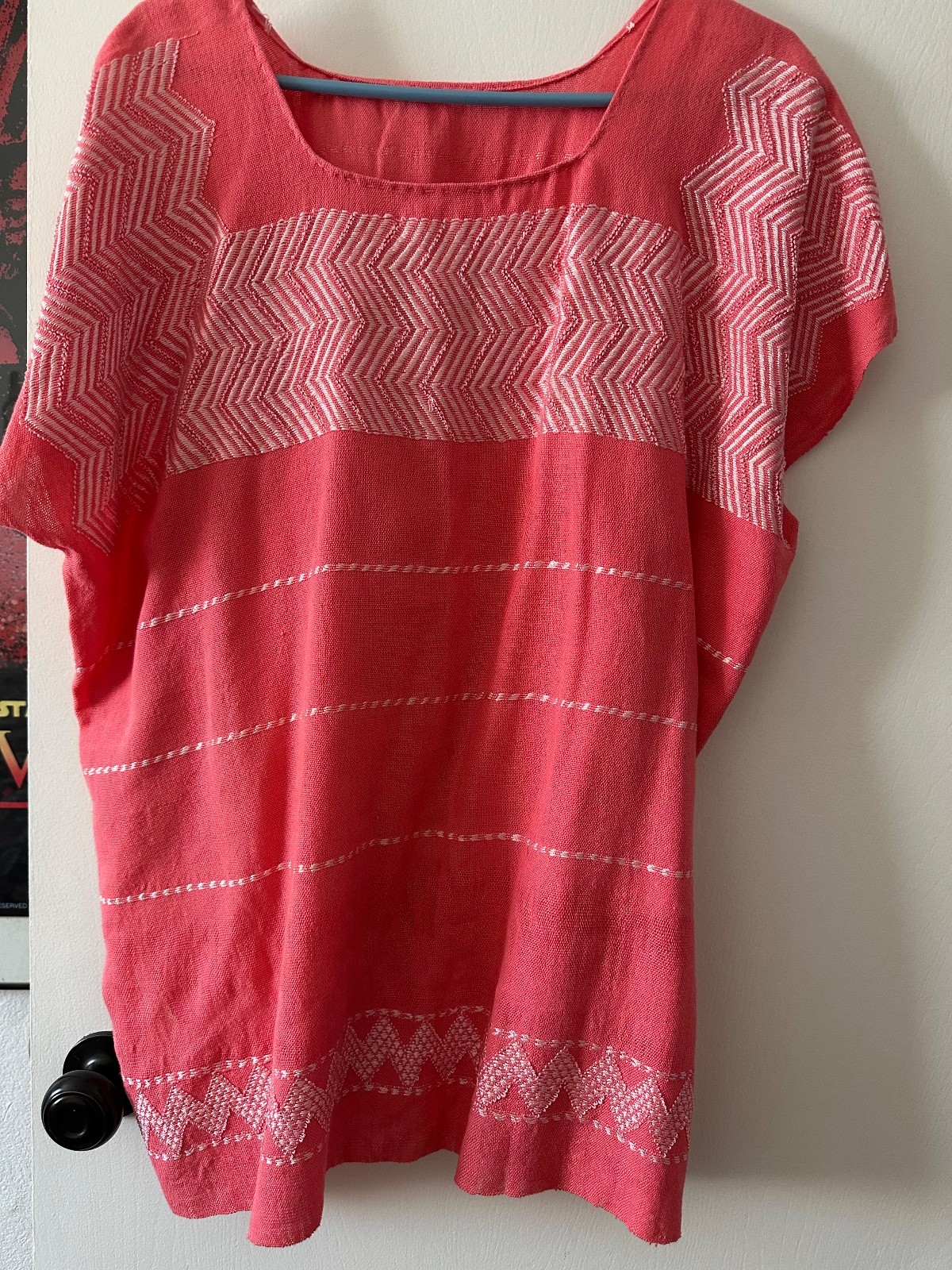 Mexican Embroidered Huipil Maya Top PEACH PINK cotton white embroidery – Large